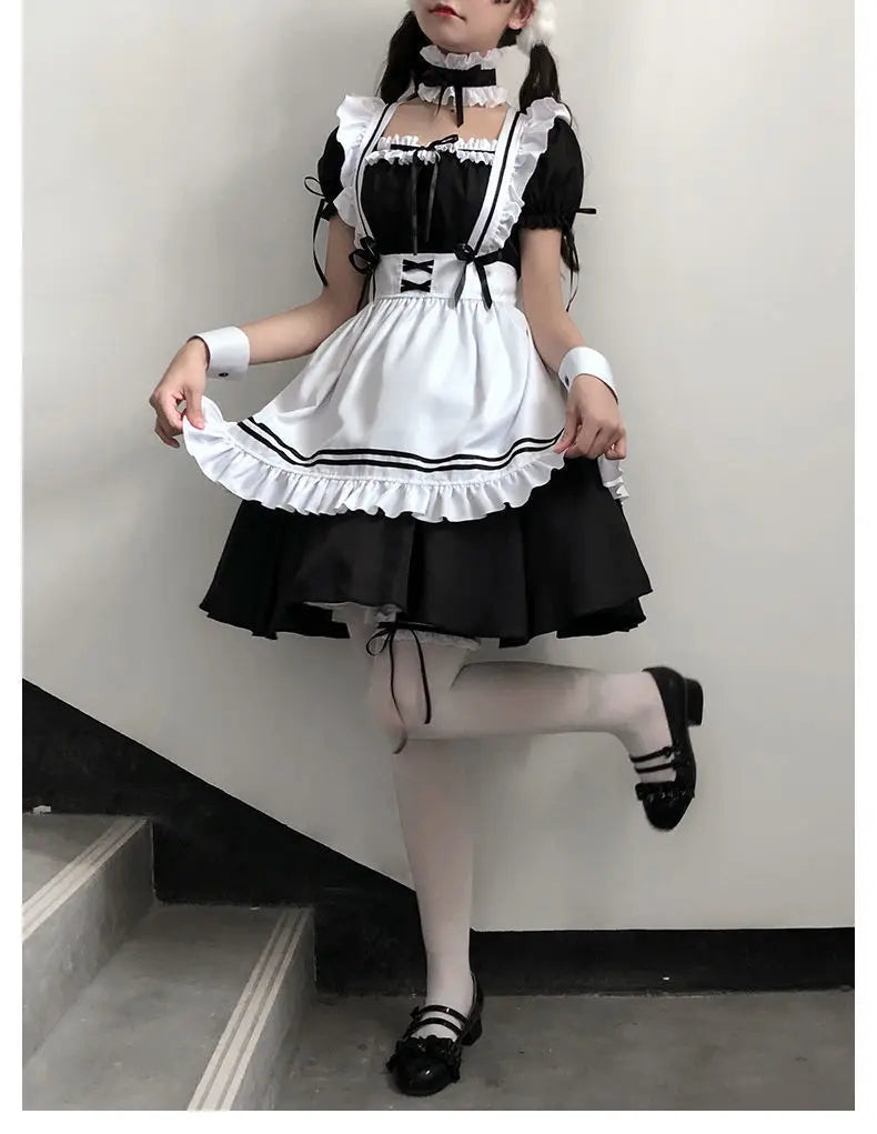 Halloween Maid Set Waiter's Cute Dress Men's Women's Costume Big Character Black and White Style Plus Size Short Sleeved Dress