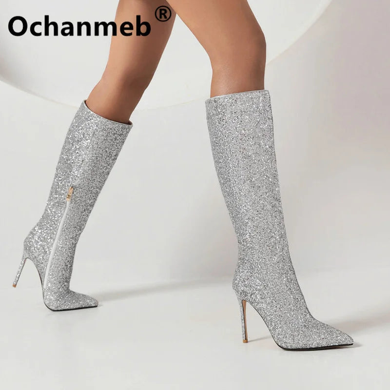 Ochanmeb Sexy Stiletto Heels Silver Red Glitter Boots Women Thin High Heeled Bling Bling Gold Sequined Knee-high Long Boot Party
