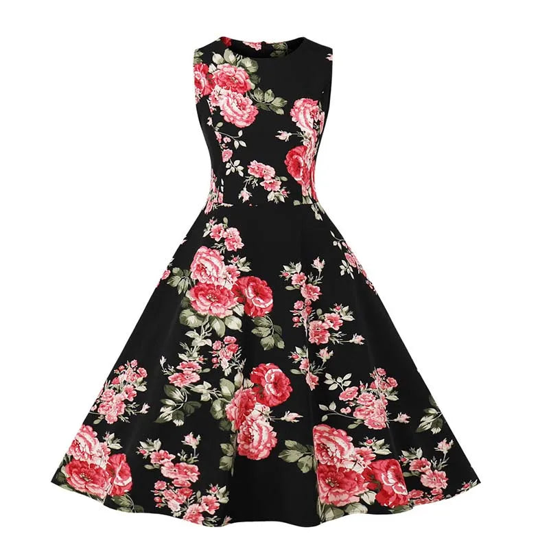 Sleeveless Floral Print Summer Dress Women Elegant Vintage Casual O Neck A Line Midi Party Sundress Vestidos With Belt