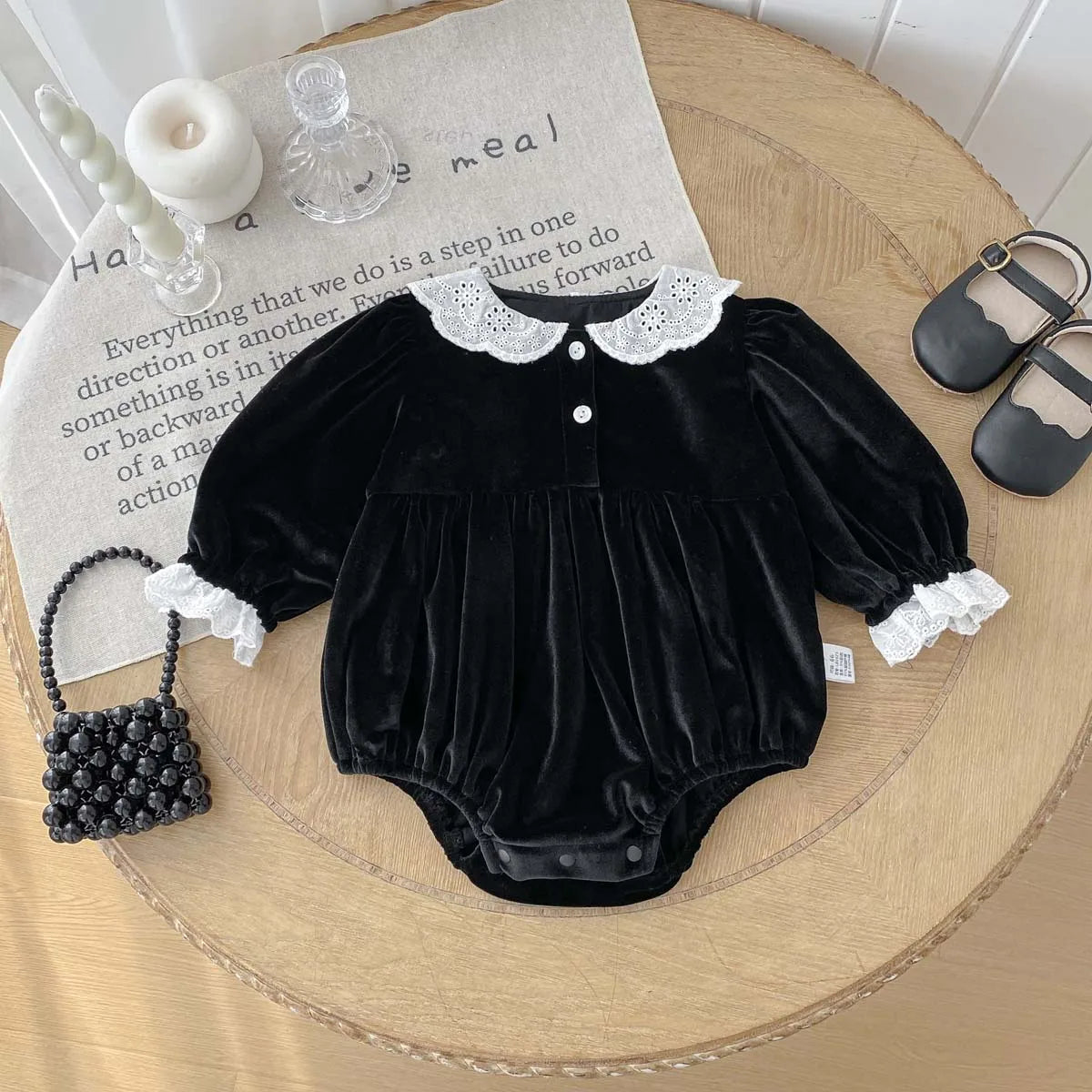 Spring and Autumn Baby Girl Black Lace Crew Neck Jumpsuit, Baby Girl Autumn Long Sleeve Dress Jumpsuit, Very Suitable for Going Out