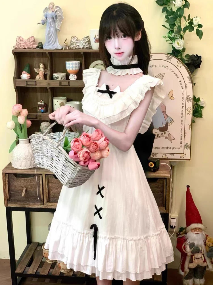 Summer Kawaii Casual Dress Women's Design Elegant Sweet Loose Patchwork Dresses Female Fashion Pretty Retro White Japanese Dress
