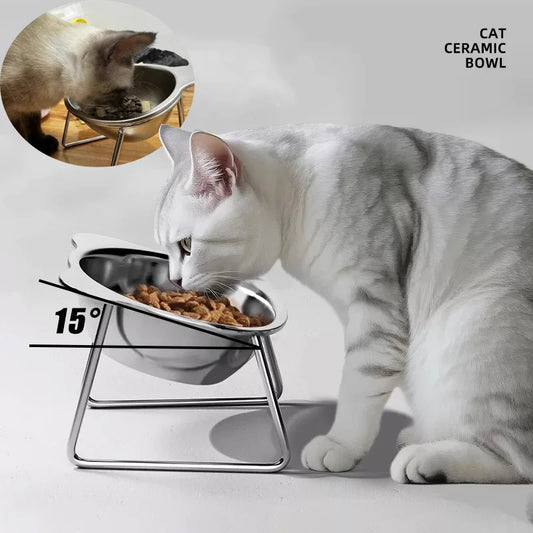 Premium 304 Stainless Steel Raised Cat Bowl with 15° Tilt Neck Guard Shatterproof Healthy Feeding for Senior Cats Kitten Puppy
