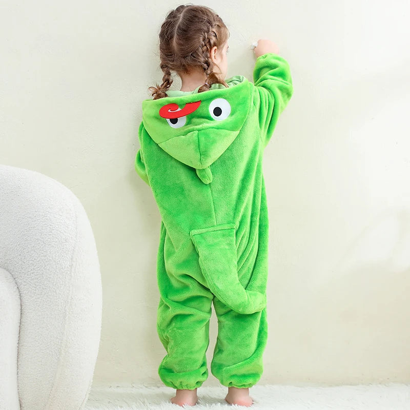 Halloween Costume Chameleon Baby Bodysuit Winter Hooded Plush Thicken Zipper Onesie Playful Cartoon Animal Rompers Holiday Dress
