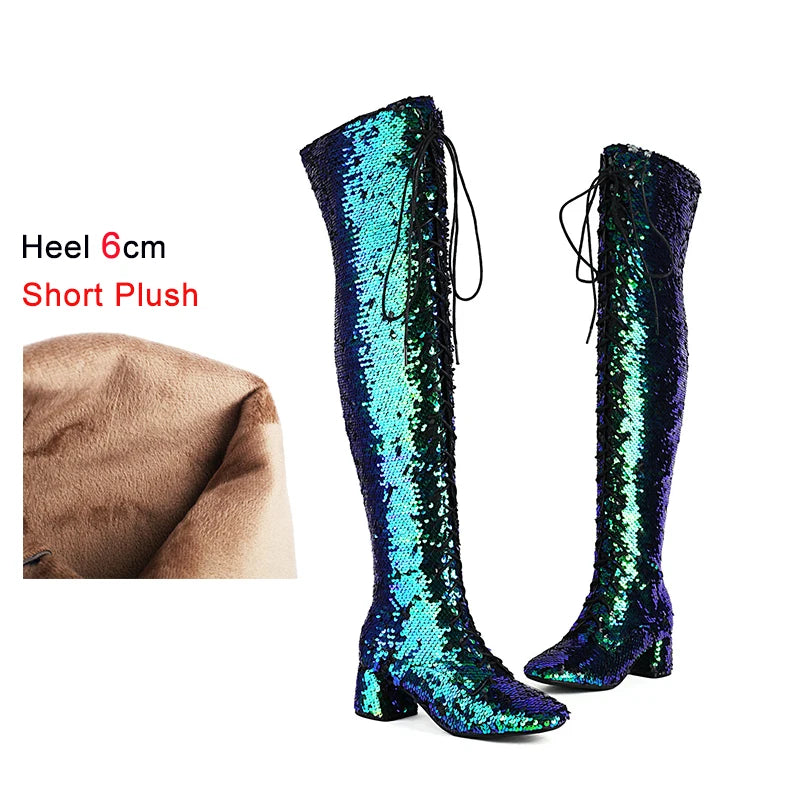 Glitter Bling Boots Women Over the knee Chunk High Heels Zipper Lace-Up Runway Lady Shoes Large Size Thigh High Boots Size 46