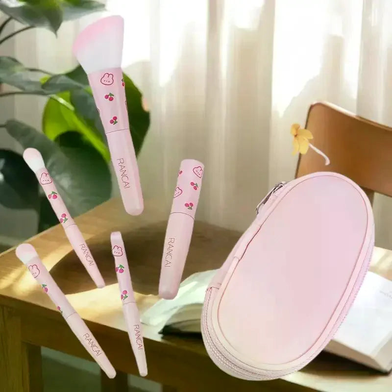 5pcs Cute Compact Makeup Brush Set With Case Premium Brush For Flawless Foundation Blush Eyeshadow Application Beauty Tools