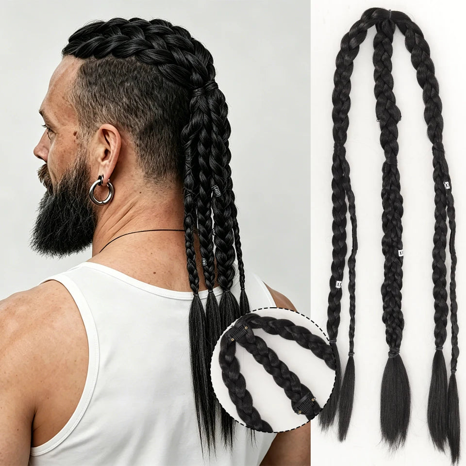 Long Braided Ponytail Extension Synthetic Twist Box Braids Pony Tail Hairpieces with Hair Ring Elastic Tie for Men Daily Party