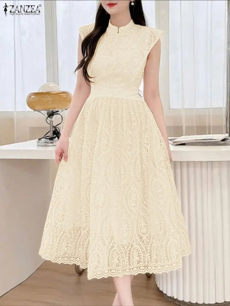 ZANZEA Elegant Women's Wedding Guest Party Midi Dress Embroidered Mesh Patchwork Stand Collar Cap Sleeve Dresses Woman Clothes