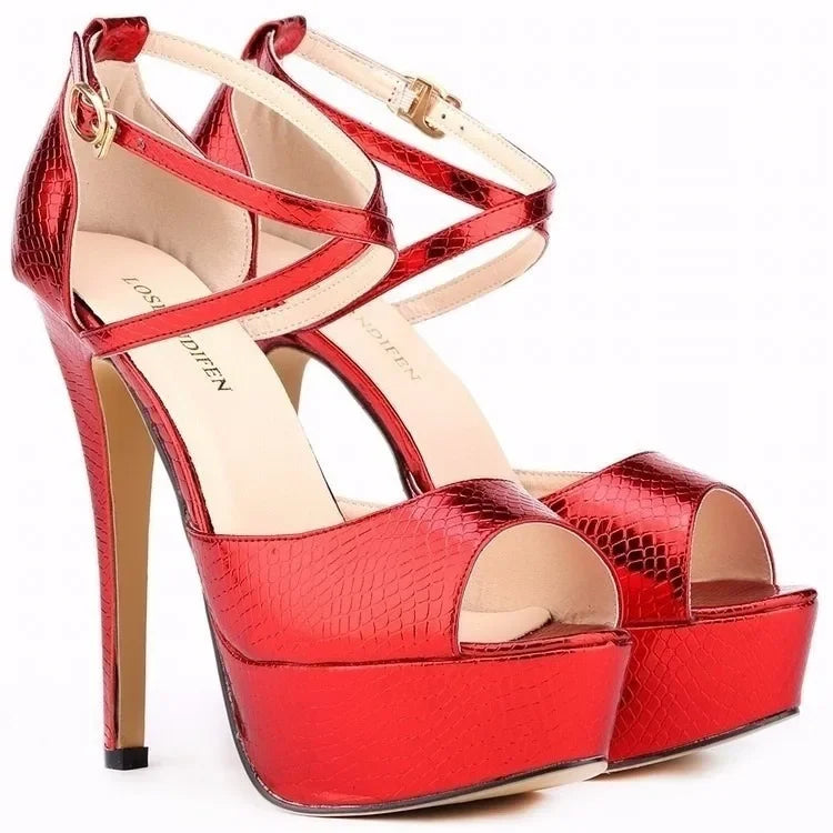 Women Sandals Stilettos Summer Sexy Peep Toe Leather Buckle Platform Pumps 14cm Extremely High Heels Party Dress Wedding Shoes