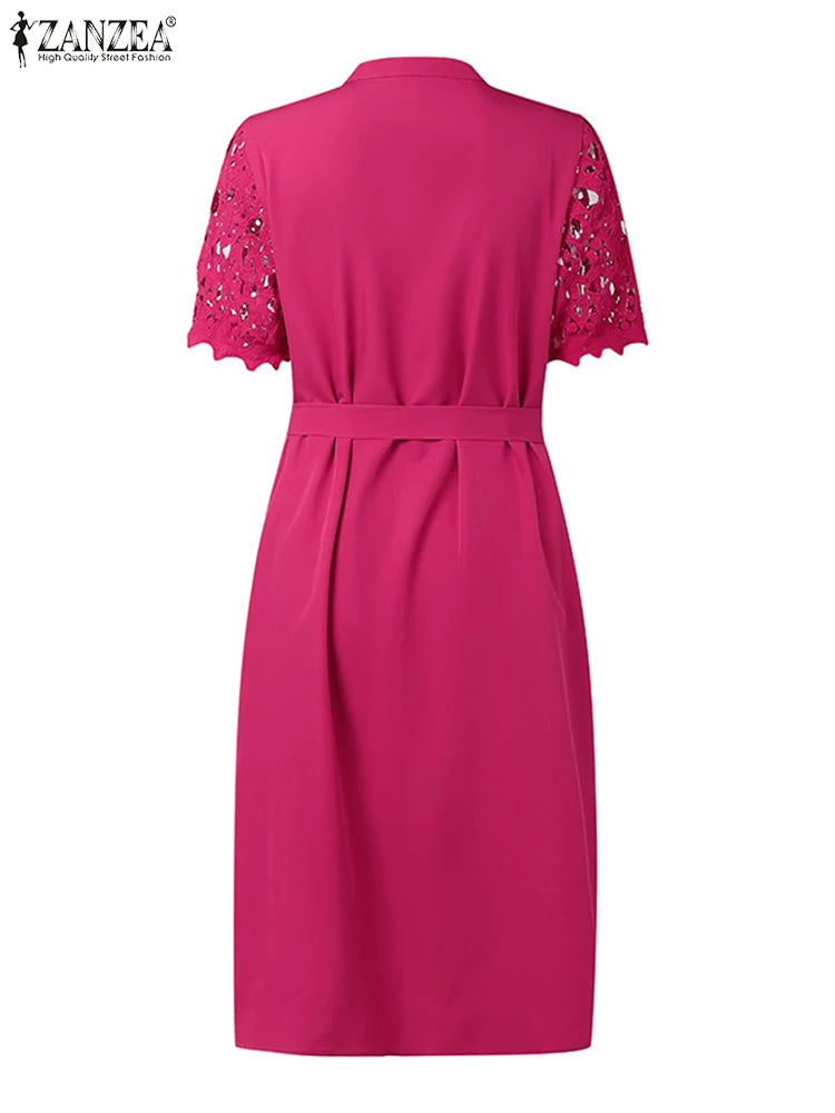 ZANZEA Elegant Lace Sundress Women Vintage Lace-Up Office Dress 2025 Summer Solid Hollow Out Vestidos A-Line CasualRobe Femme