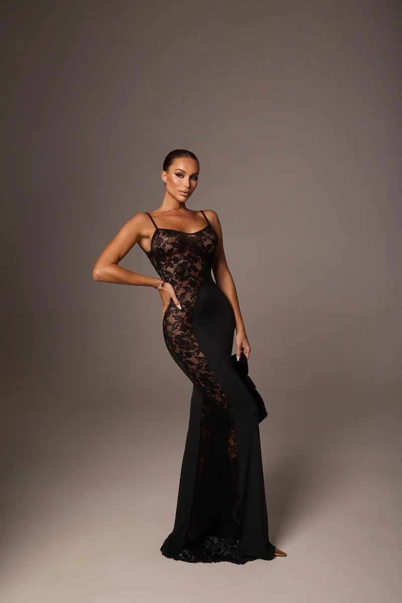 Mozision Spaghetti Strap Lace See Through Sexy Maxi Dress Women Elegant Black Sleeveless Backless Bodycon Club Party Long Dress
