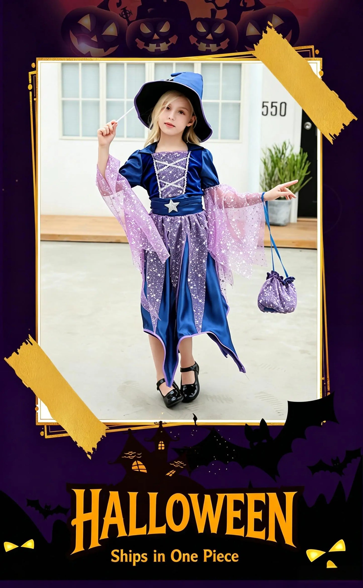 2026 Halloween Blue Witch Costume for Girls with Witch Hat Wand Bag Accessory Set  2-12T Girl Role Play Party Dress Vestidos