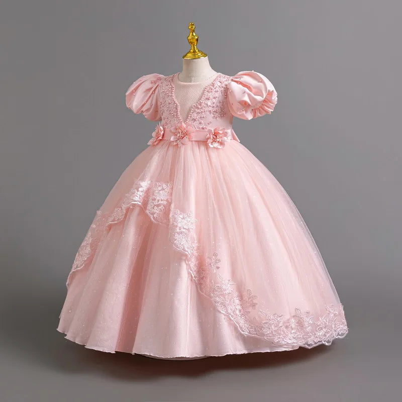 3-12 Year Old Baby Dress Birthday Party Girl Princess Dress Bubble Sleeves Lace Flower Wedding Dress Flower Girl Evening Dress