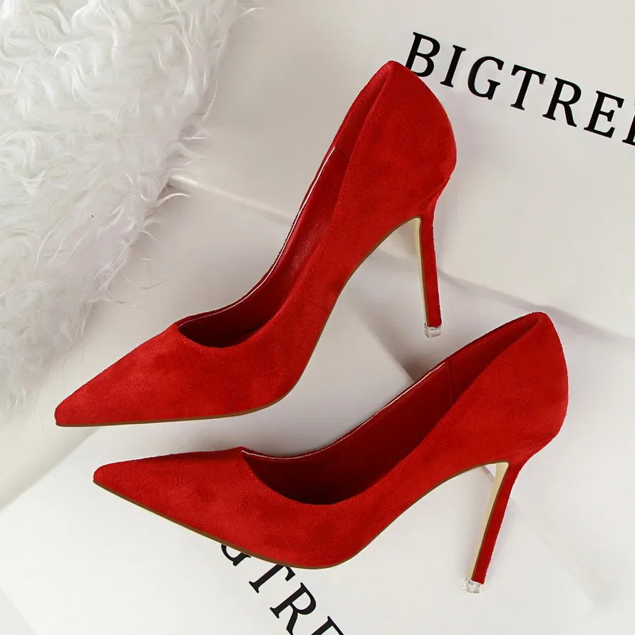 Korean Style Fashionable Minimalist High Heel Velvet Surface Sexy Slimming Professional OL Women's Single Shoes Sharp Pointed To