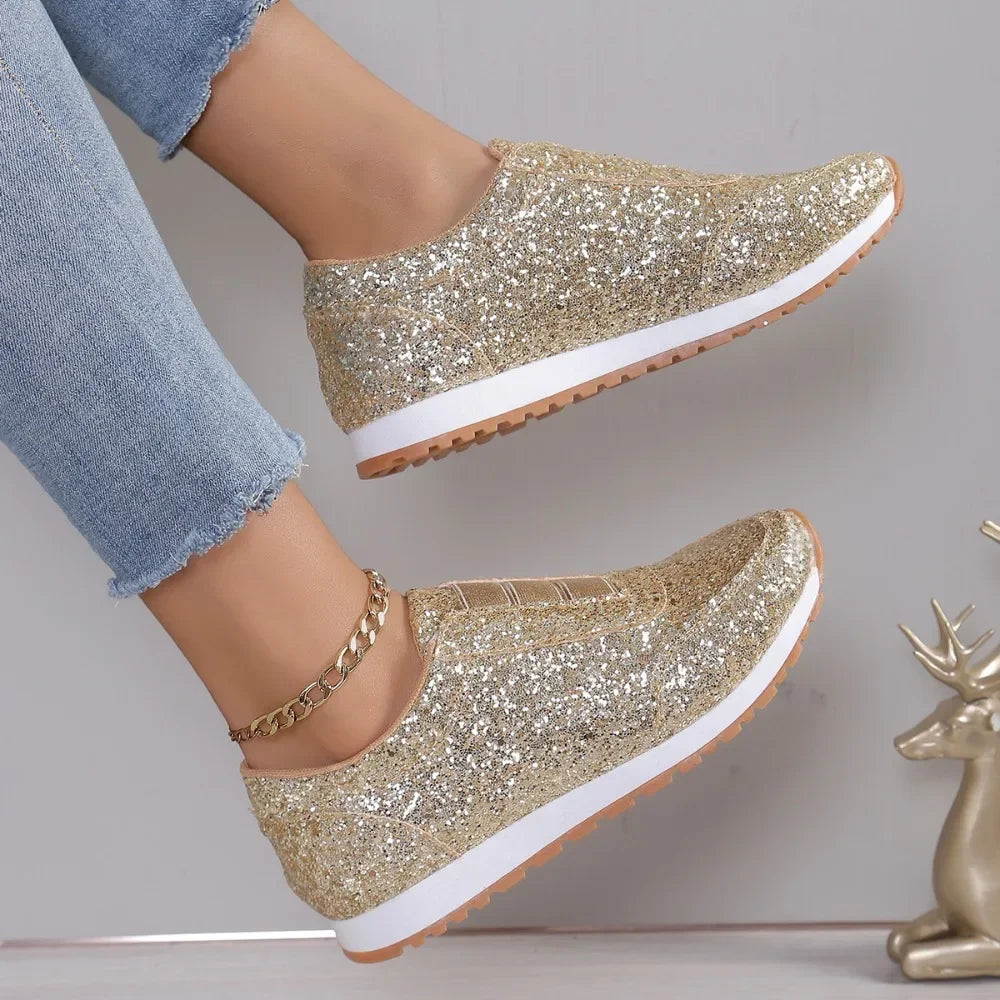 2026 Autumn New Fashion Slip-on Low-heeled Women's Sneakers Gold Silver Sport Shoes Ladies Outdoor Casual Walking Shoes