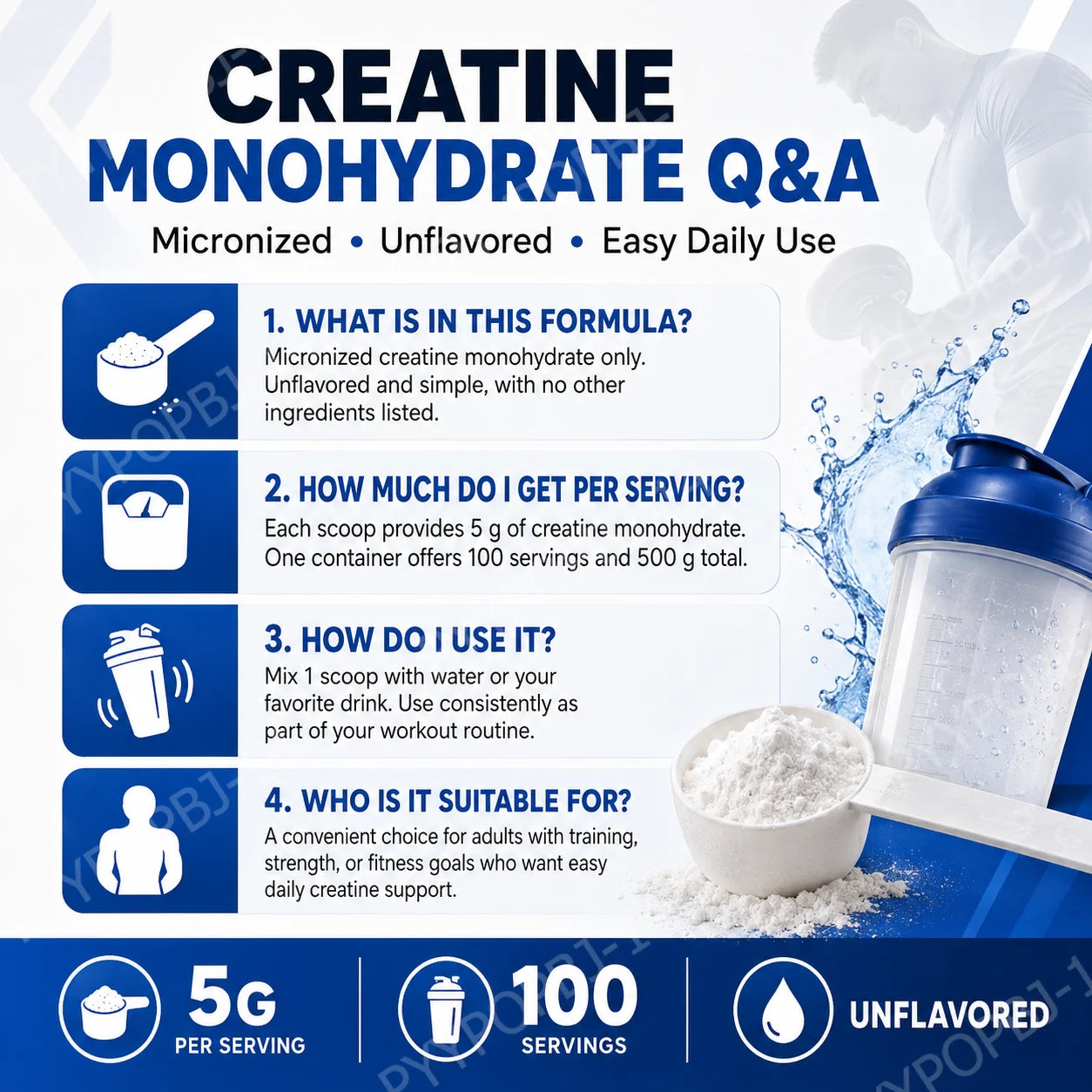 Creatine Monohydrate Micronized Powder Unflavored 5g Per Serving 100 Servings Muscle Energy Strength Power Support 500g