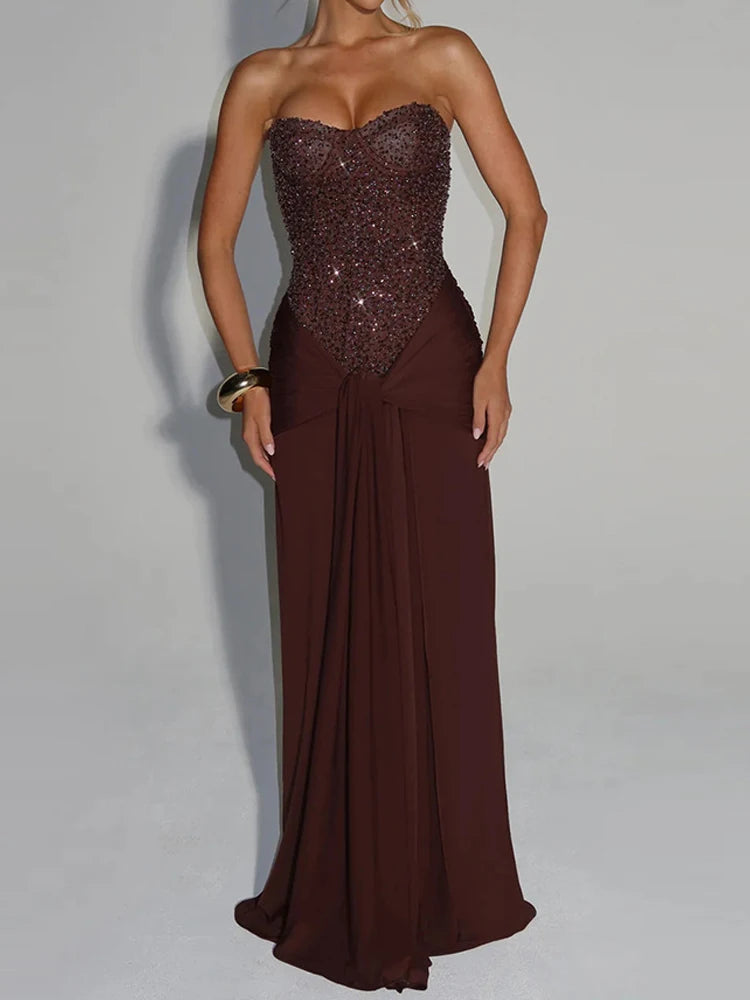 Women's Sexy Strapless Sleeveless Evening Dress Fashion Waist Slim Solid Wedding Dress Elegant Sequins Splicing Pleat Long Dress