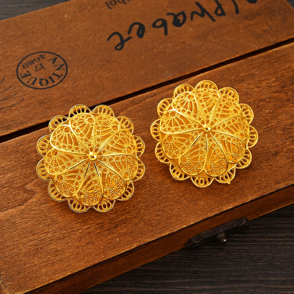 Luxury Golden Plated Bridal Jewelry Sets for Women Ethiopian Pendant Hairpin Necklace Earrings Bangle Ring Wedding Gift