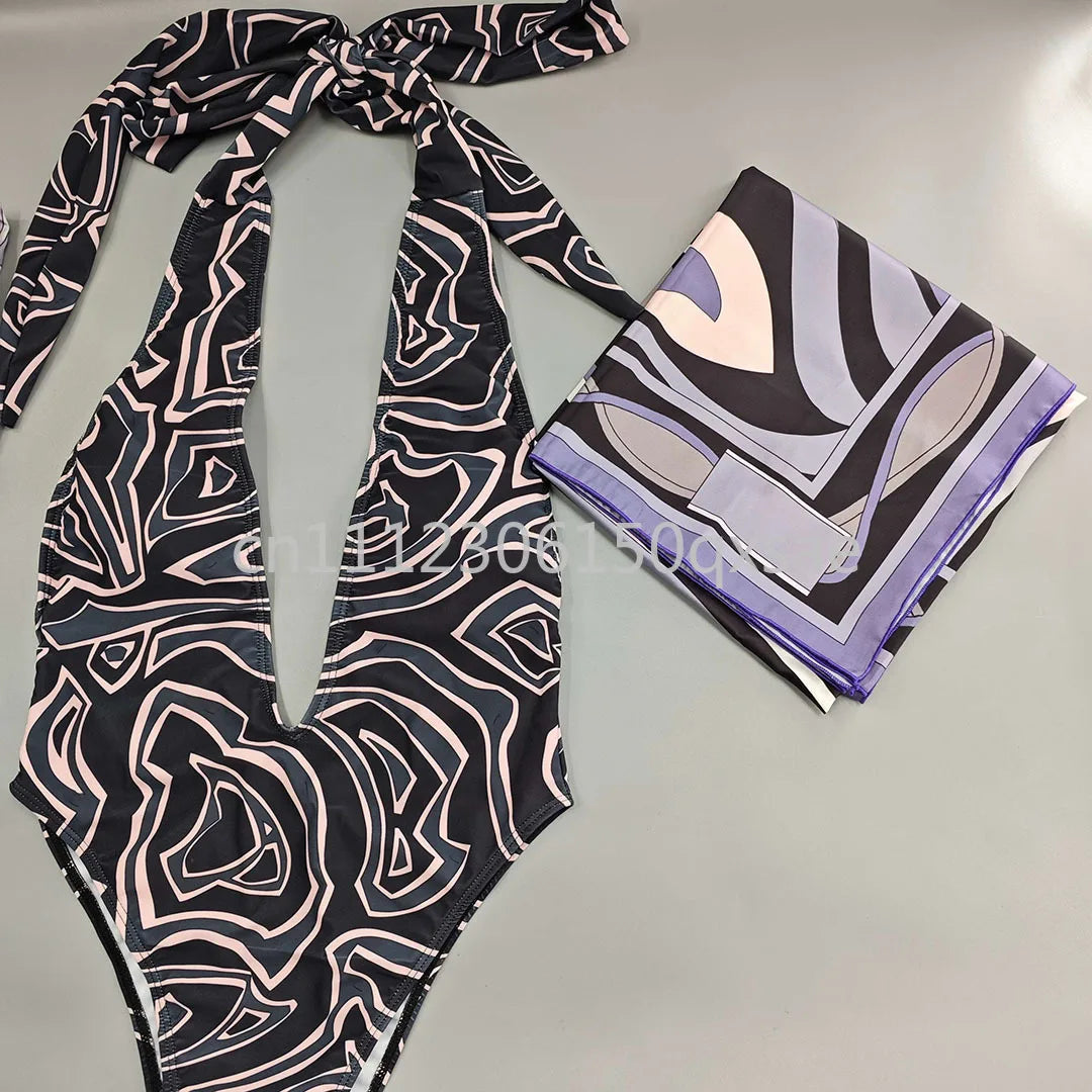 Luxury Design Women's Brown Headband Scarf Swimsuits with Letter Signature Logo Classic Brand Headband Bikini Sets Beachwear