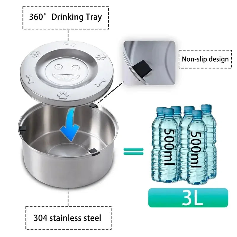 1L/3L Stainless Steel No Spill Water Bowl for Dogs/Cats Non-Slip Slow Dog Bowl Water Feeder Dispenser for Medium Large Dogs