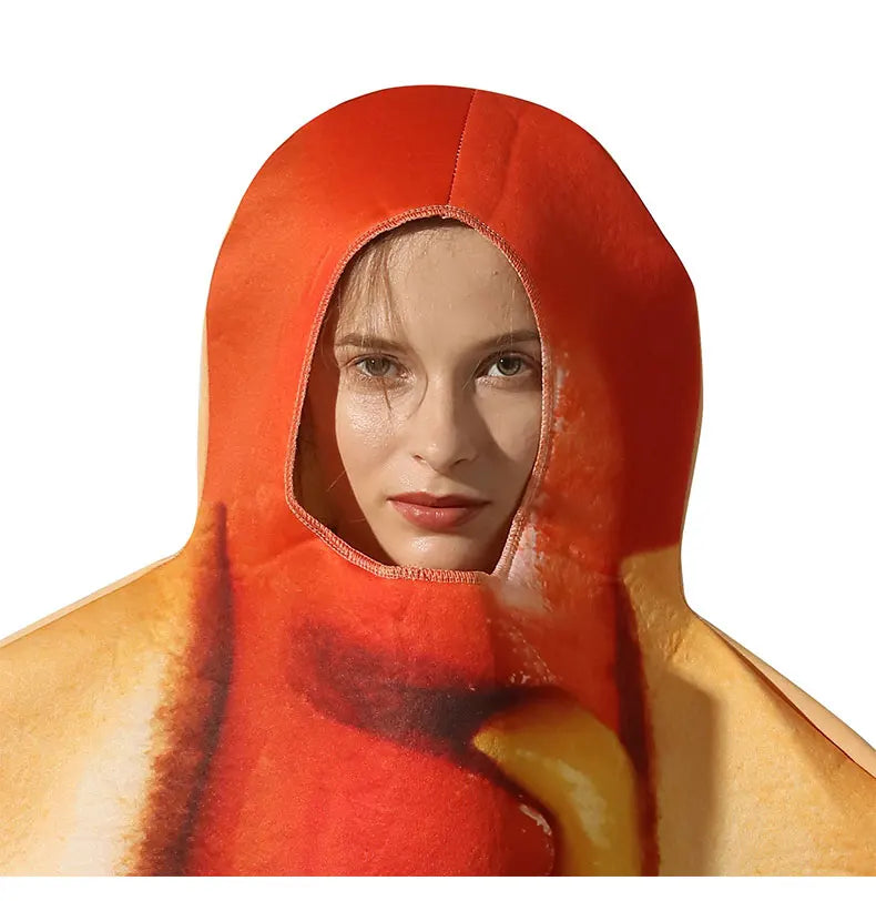 Halloween party costume, hot dog cosplay attire, stage performance outfit, one-piece dress, performance outfit