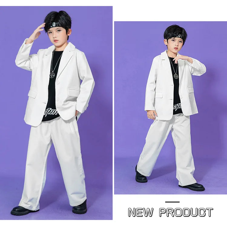 Kids Hip Hop Dance Costume Boys Girls Blazer Pants Set Streetwear Outfit for Stage Performance Competition Jazz Dance Photoshoot