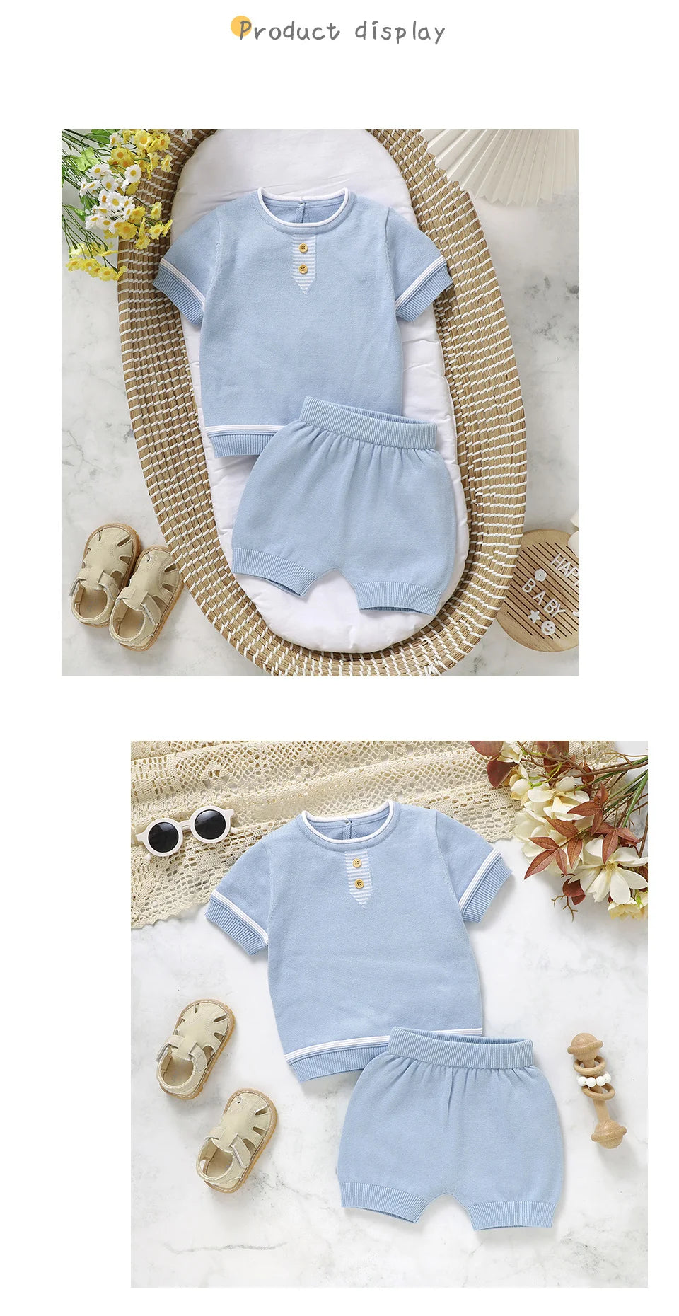 Summer Solid Short Sleeve T-Shirts+Shorts 2PCS Outfits for Newborn Boys Cotton Clothes Sets 0-18m Infant Knit Tracksuits Costume