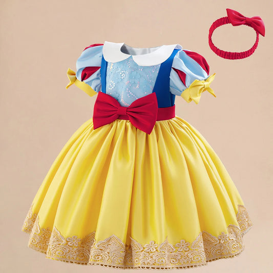 Snow White Princess Gown Girls Cosplay Party Dress Baby Girl Yellow 2pcs Summer Dresses Kids 1st Birthday Gifts Formal Costume