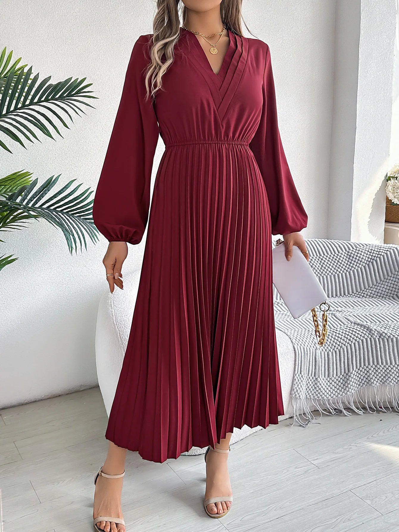 Women's Elegant Solid Color V-Neck Waist-Cinching Long Sleeve Midi Dress with Pleated Ruffles | Spring Autumn Fashion