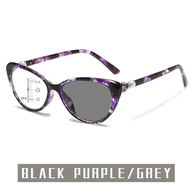 Cat Eye Finished Progressive Multifocal Reading Glasses Unisex Women Men Outdoor Color Changing Bifocal Eyewear Diopter To +4.0
