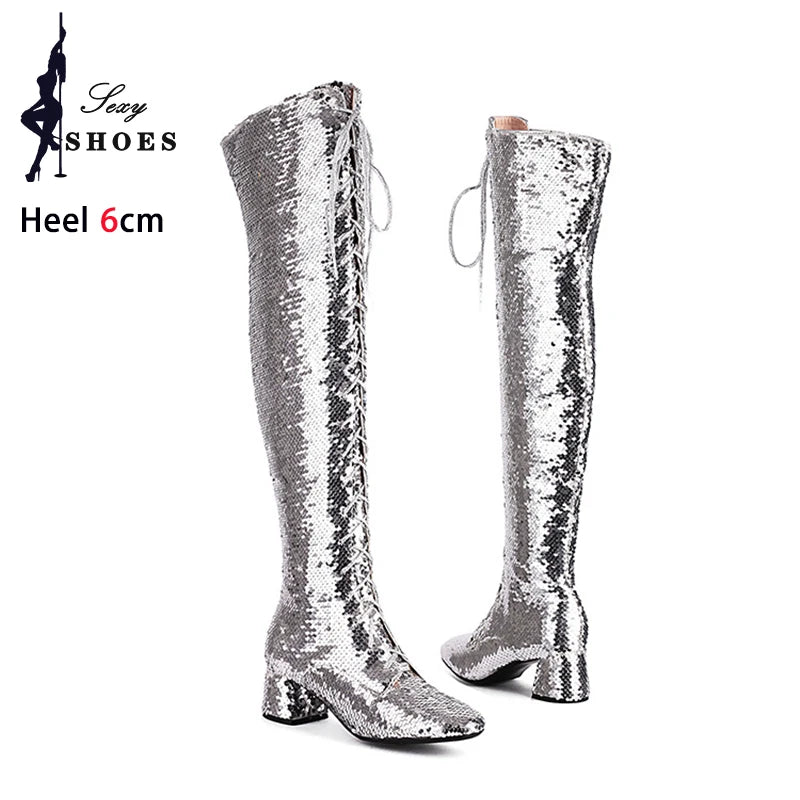 Glitter Bling Boots Women Over the knee Chunk High Heels Zipper Lace-Up Runway Lady Shoes Large Size Thigh High Boots Size 46