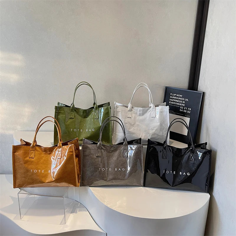 Women's Glossy Leather Tote Bag Letter Print Large Capacity Casual Commuter Shoulder Bag Fashion Daily Shopping Handbag 2026