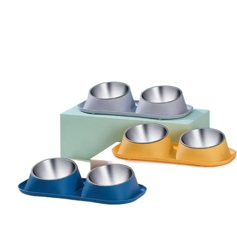 1pc Stainless Steel Double Cat Dog Bowl Cat Food Container Non-slip Base Pet Water Feeder Tilt Safeguard Neck Puppy Cats Bowls