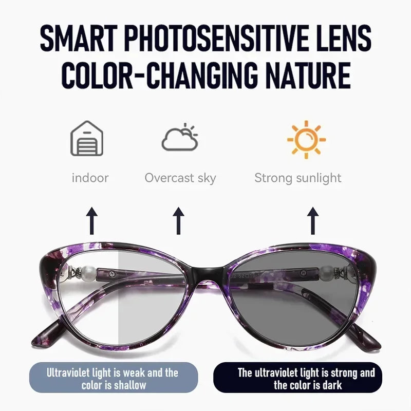Cat Eye Finished Progressive Multifocal Reading Glasses Unisex Women Men Outdoor Color Changing Bifocal Eyewear Diopter To +4.0