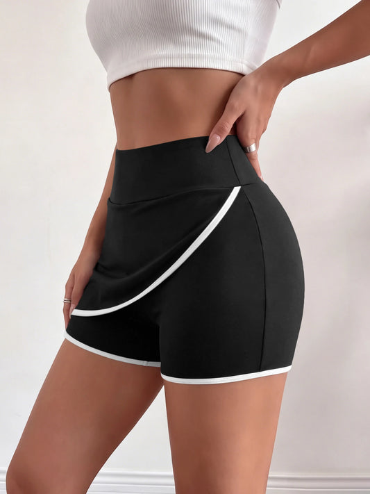 Women High Waist Skirt Shorts White Contrast Trim 2 In 1 Daily Casual Built-in Safety Short Pants Street Bottoms