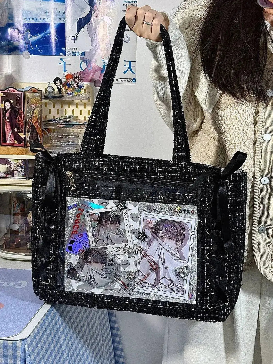 New Y2K Ribbon Bow Japanese Ita Shoulder Bag Cute Girl Transparent Pocket Large Capacity Crossbody Tote Bag DIY Display Handbags
