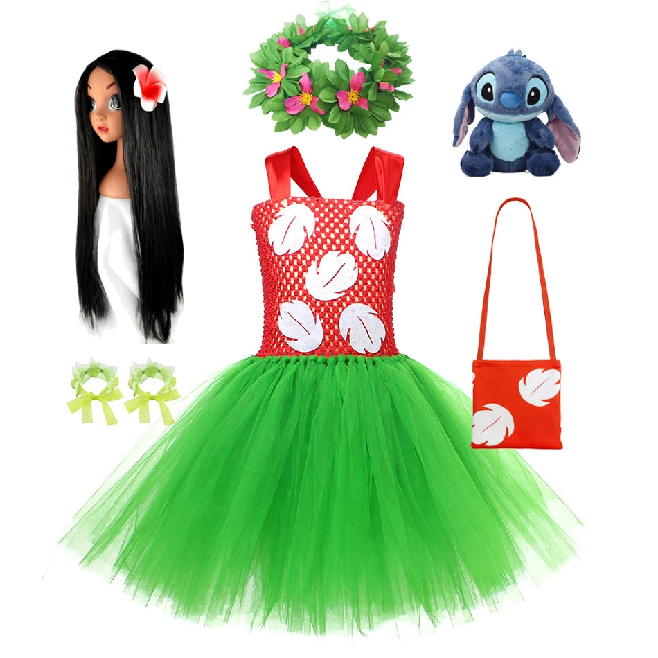 Halloween Costume for Girls Chirdren Summer Red and Green Floral Hawaiian Party Dress with Wreath Outfit for Halloween