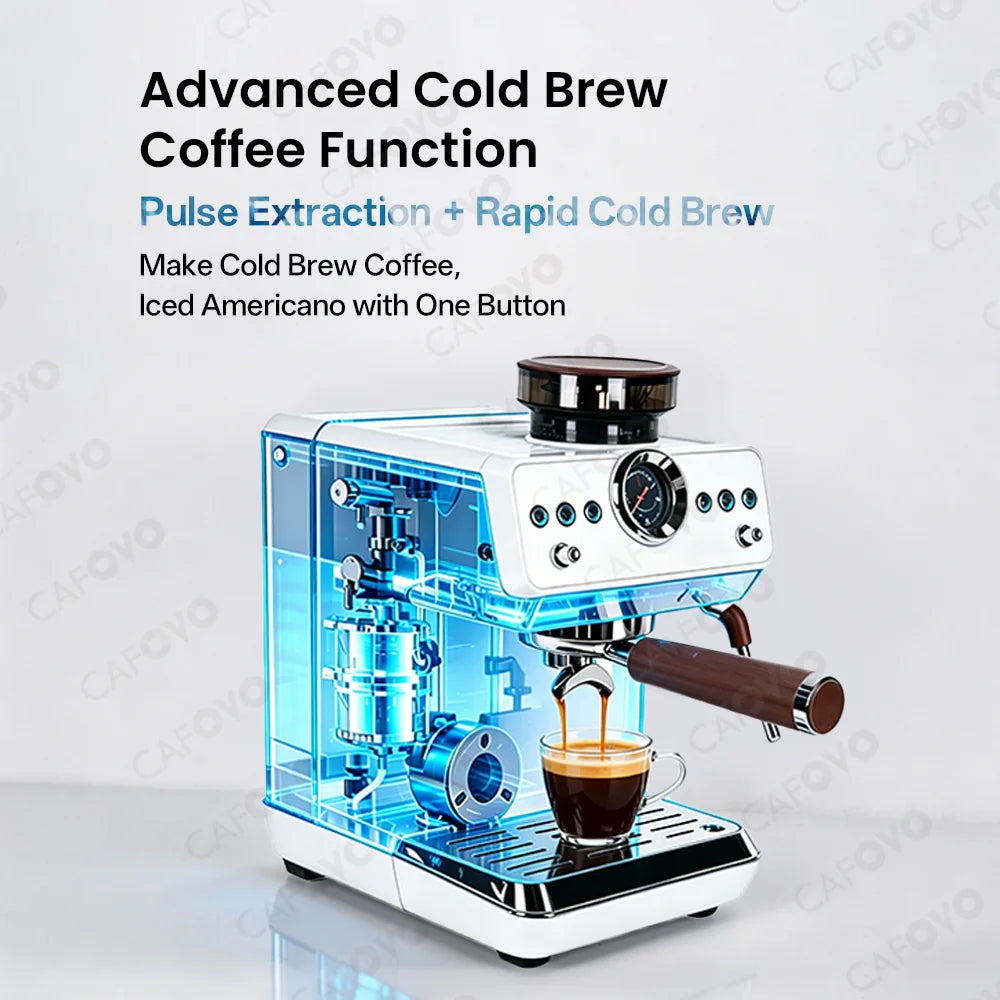 CAFOVO E161G 3-in-1 Semi-automatic Coffee Machine with Burr Grinder Frothing Milk for Home Barista Espresso & Cold Brew 220V