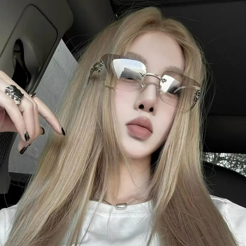 Punk Rimless Square Sunglasses Women Men Metal Bow Frame Luxury Designer Glasses Popular Shade Summer Travel Sun Glasses Eyewear