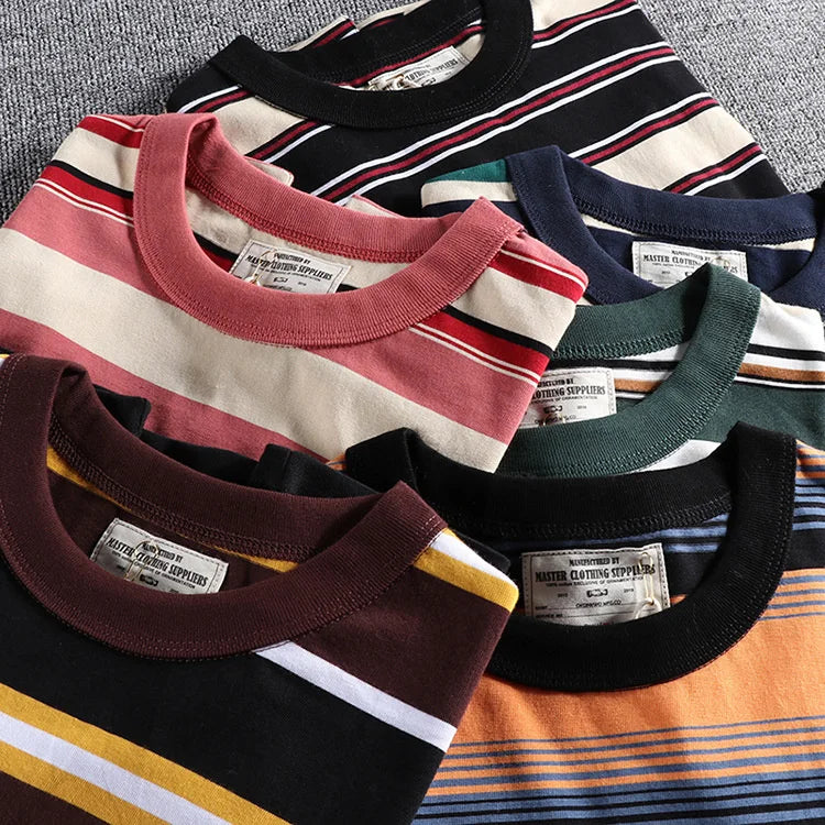 Summer Splicing Pure Cotton Stripe Short Sleeve T-shirt Streetwear Amekaji Heavyweight Casual Male Round Neck Tshirt Tops Tee