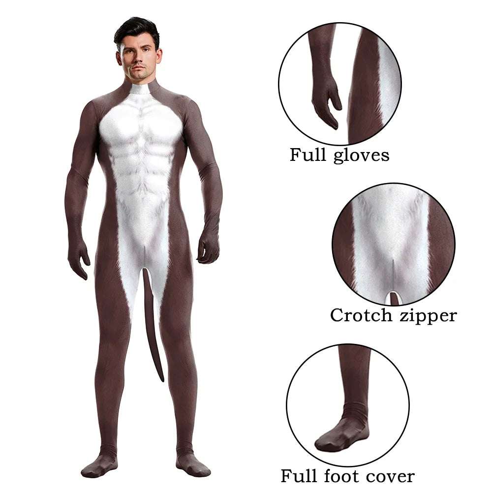 Halloween Cosplay Costume Male Adult Full Cover Elastic Zentai Pet Suit Jumpsuit Print Catsuit Bodysuits with Tail Purim Clothes