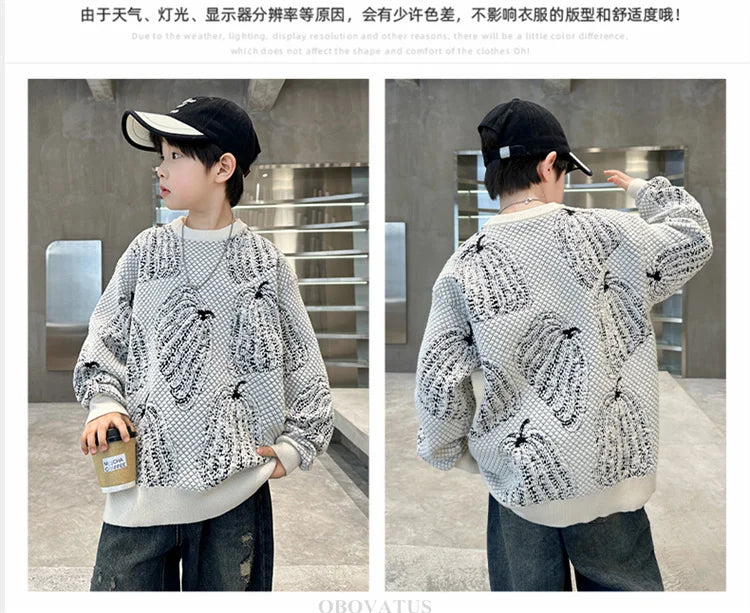 Children Halloween Pumpkin Sweater For Boys Fancy Knitted Outfit Clothing Kids Elegant Pullover Knitwear For Teenagers Age 5-14T