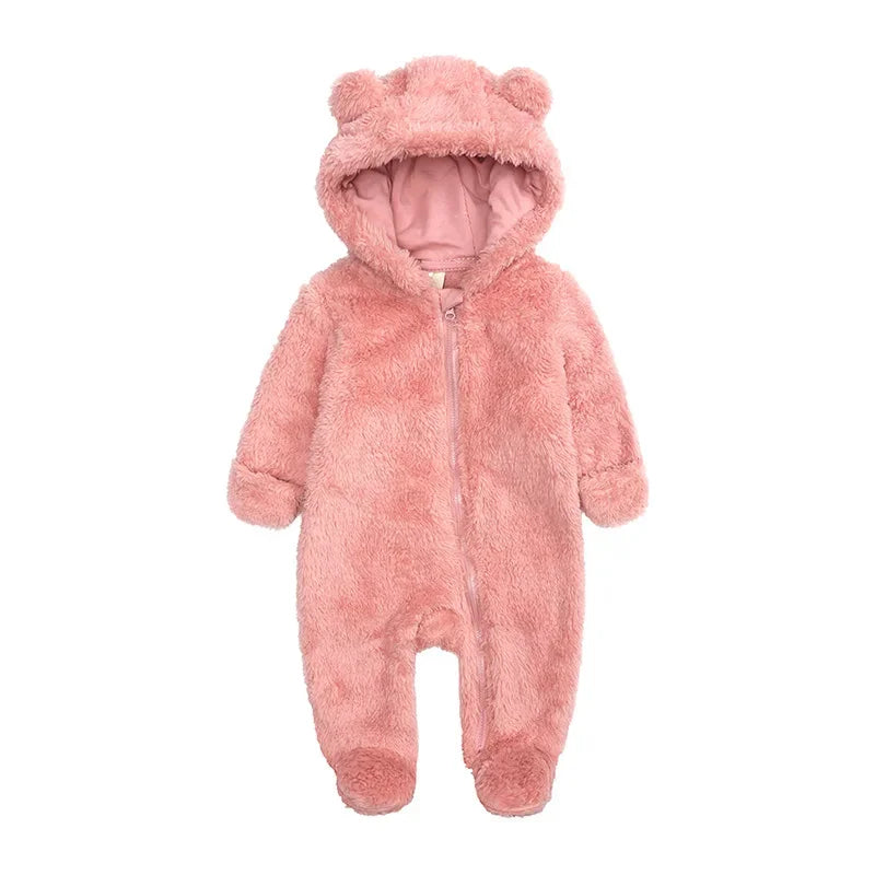 2025 Warm Footed Baby Romper Zipper Closure Fall Newborn Bear Ear Hooded Fuzzy Onesie Outfit Infant Boys Girls 100 Days Jumpsuit