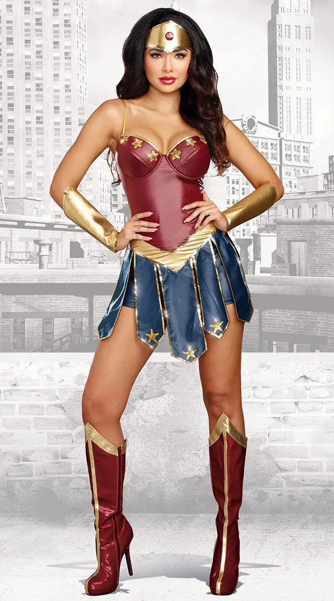 Women's Halloween Superhero Costume Dress Sexy Wonder Cosplay Outfit Leather Fancy Stage Performance Clothing