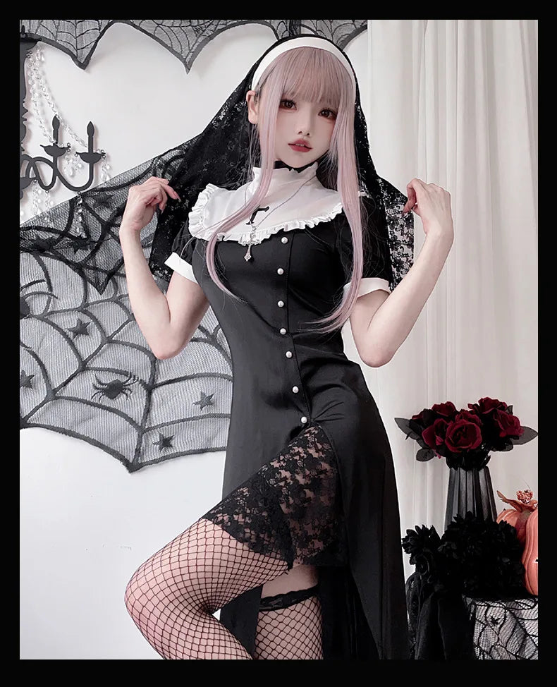 [You're My Secret] 2026 Halloween Cosplay Costumes Women's Vampire Costume Gothic Nun's Clothing Sexy Lace Slim Fit Black Dress