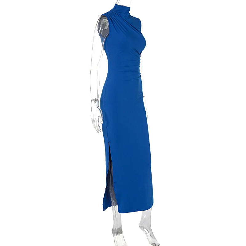 YUZHEXI elegant sleeveless ruched midi dress women commuter bodycon solid color robe black red pink split clothes summer