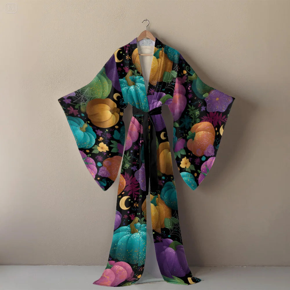 Halloween Sexy V-Neck Robe with Ghost Print High Slit & Bat Sleeves Kimono - Women's Party Costume Funny Cool Cosplay Wear