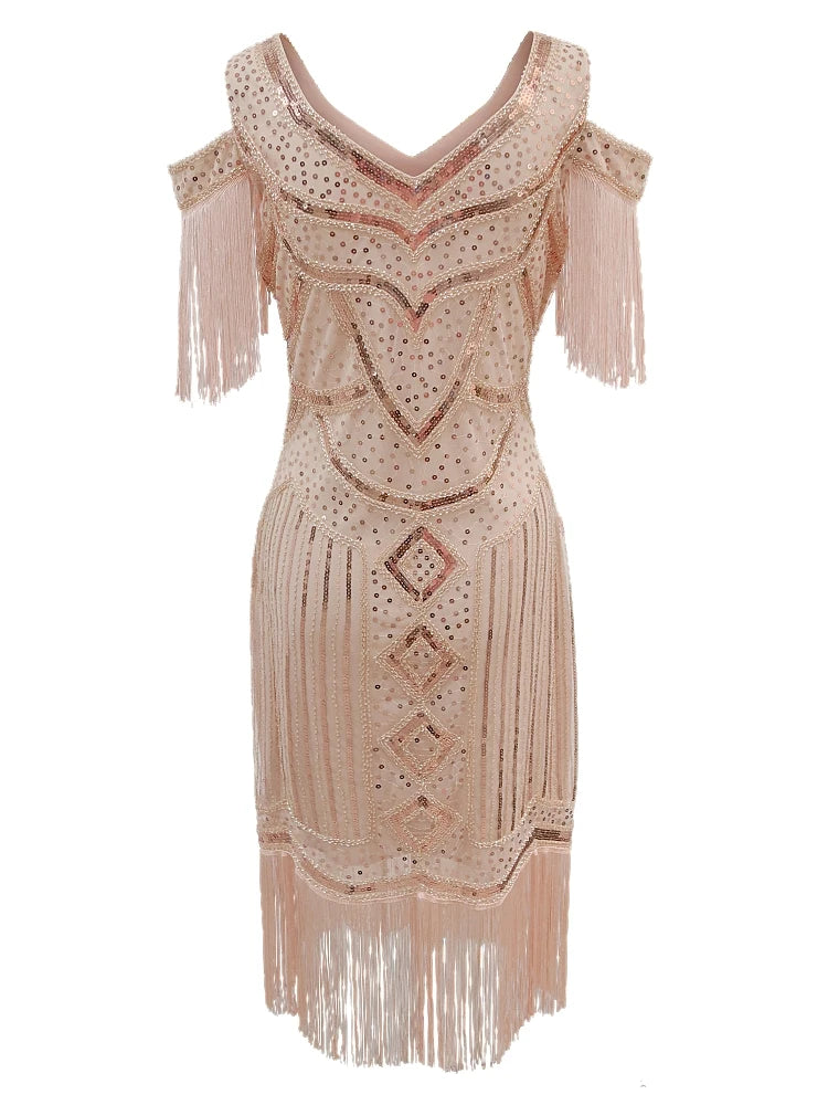 Women Fringe 1920s Flapper Dress 20s Gatsby Themed Party Dress Vintage V-neck Off Shoulder Sequin Beaded Cocktail Dress
