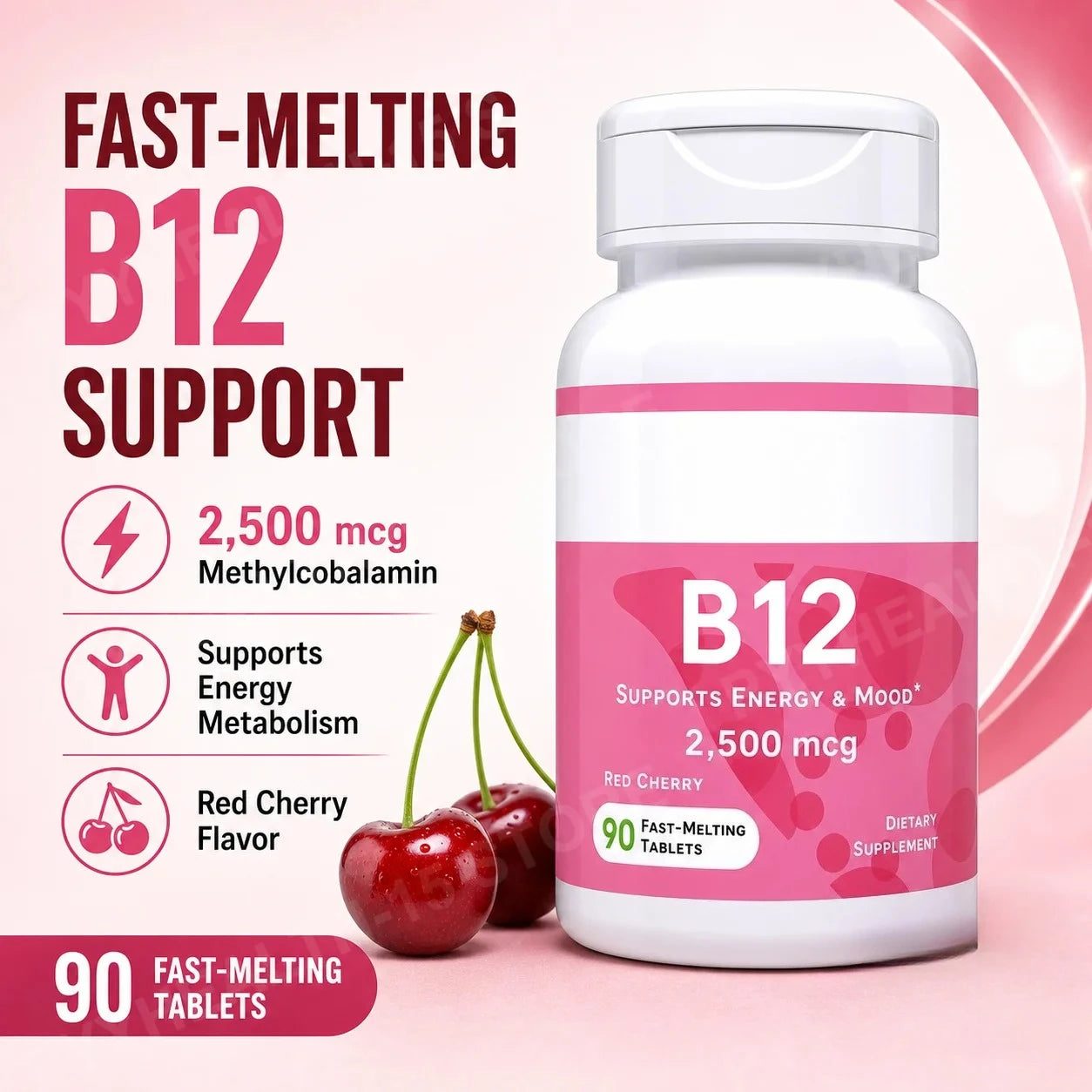 Methylcobalamin Vitamin B12 2500mcg Fast Dissolve Tablets 90 Servings Cherry Flavor Daily Energy Metabolism Support for Adults