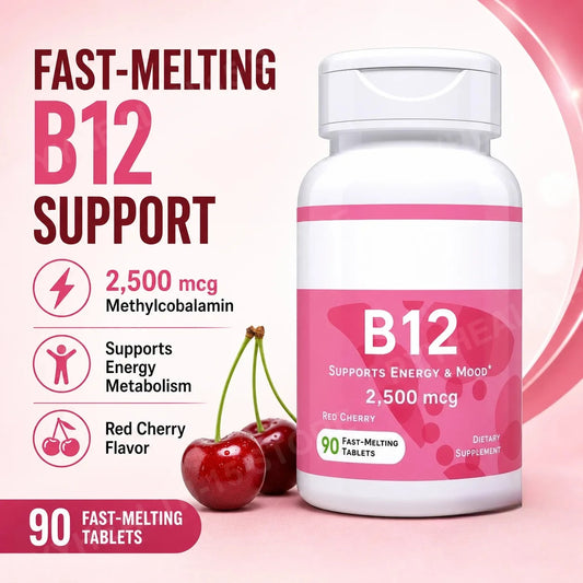 Methylcobalamin Vitamin B12 2500mcg Fast Dissolve Tablets 90 Servings Cherry Flavor Daily Energy Metabolism Support for Adults
