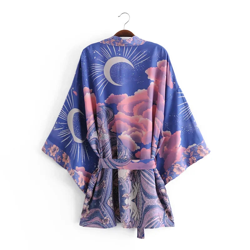 Happie Queens Vintage Star and Moon Floral Print Sashes Women Bohemian V Neck Batwing Sleeves Happie Short Robe Kimono